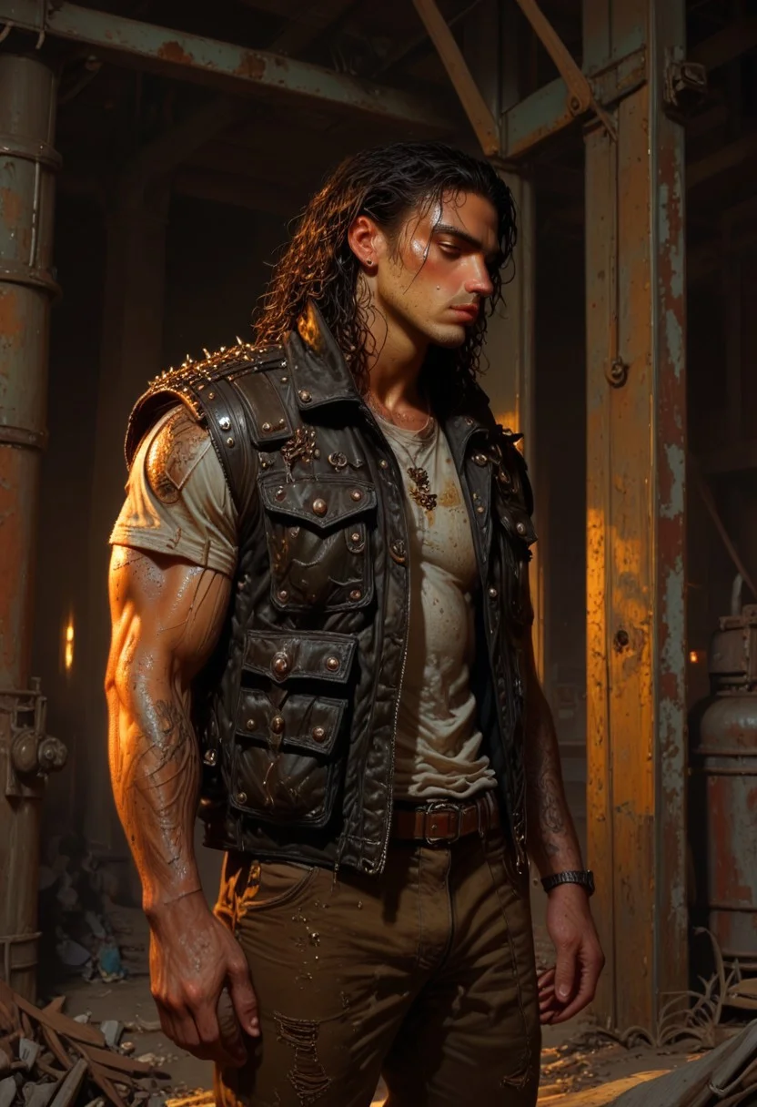 score_9, score_8_up, score_7_up, best quality, fine detail, digital painting, 1boy, solo, long curly wet black hair, muscular, black leather vest with studs, snake on shoulders, handsome, standing in a factory, wearing ripped cargo pants, wrinkled clothing, worn out tattered clothing, relaxing, carefree, melancholy, very detailed background, purple lighting, gritty, amber lighting, deep shadows, vivid detail, interesting composition, 8K, UHD, goonguy