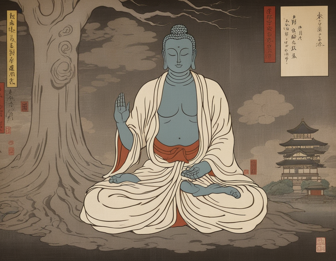 The artwork showcases an image of Siddhartha Gautama, commonly known as Buddha, rendered in the traditional Japanese Ukiyo-e art style. Buddha is depicted in a serene and meditative posture, his features embodying the tranquility and wisdom for which he is renowned. He's adorned with intricate patterns and details, reminiscent of classical Japanese artwork. The flowing robes and ethereal aura around him further emphasize his enlightened state. The aged and textured backdrop, similar to old parchment or scrolls, complements the Ukiyo-e aesthetics. The representation beautifully fuses religious symbolism with the rich artistry of Ukiyo-e, creating a harmonious blend of spirituality and artistic tradition,<lora:ukiyoe:0.75>