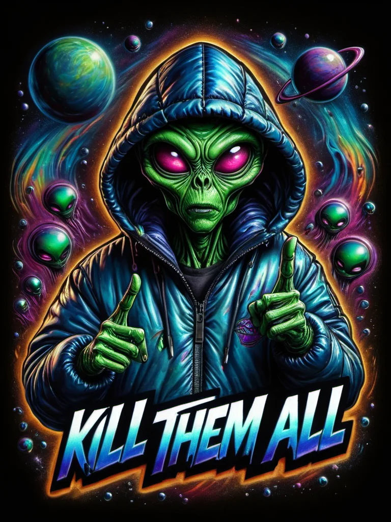 "KILL THEM ALL" text logo <lora:Harrlogos_v2.0:0.79> ral-oilspill graffiti thick black outlines, calygraphic wildstyle ral-oilspill bombing, thick lines <lora:ral-oilspill-sdxl:0.46> an alien from the back wearing a large winter jacket, (smirk face, looking and pointing at viewer with alien hand:1.2), alien planet background