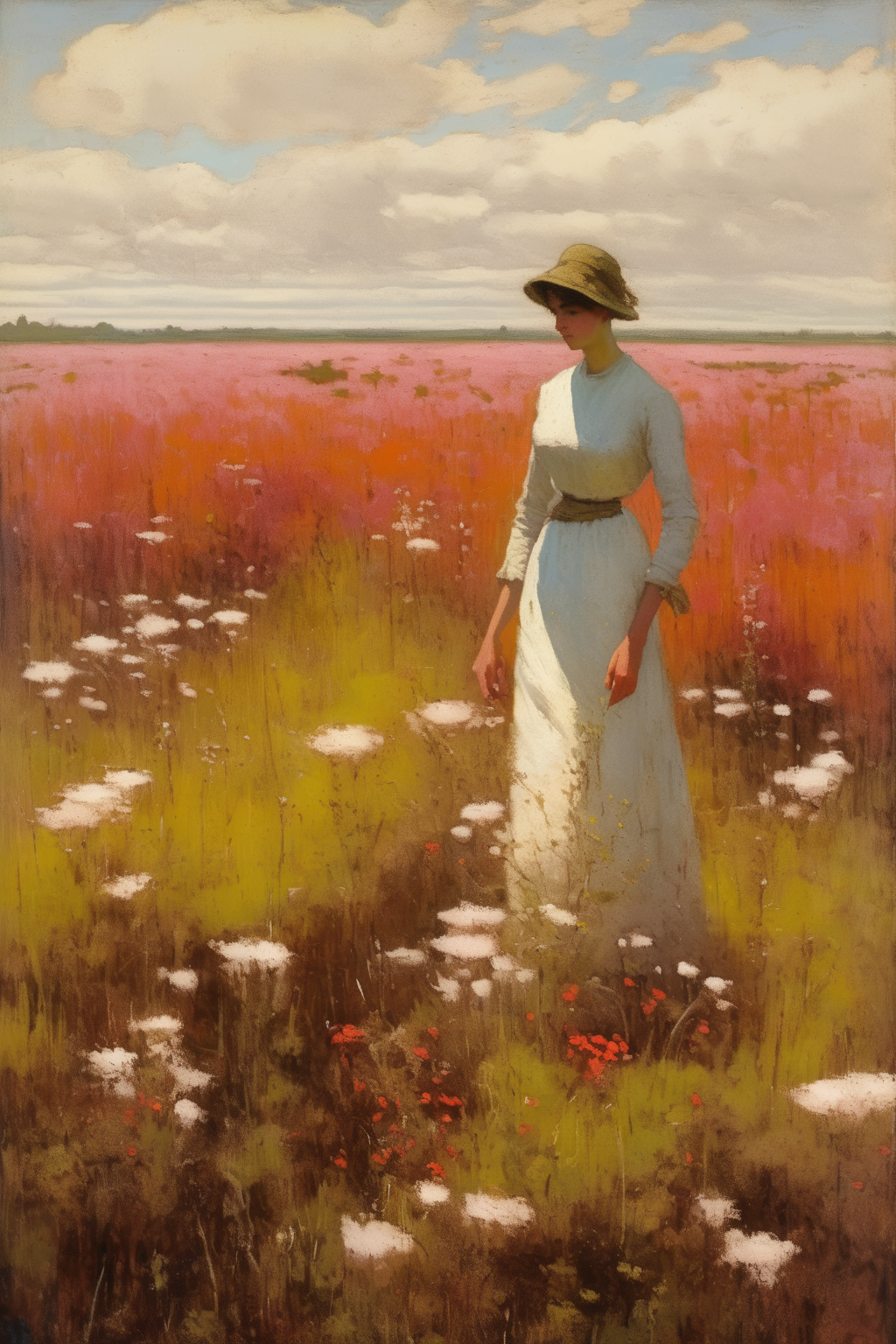 <lora:William Langson Lathrop Style:1>William Langson Lathrop Style - 101585.William Langson Lathrop.A woman walking through wildflowers in the Flanders Moss National Nature Reserve is the focus of this attractive painting. The composition showcases her peaceful wanderings through a flourishing peatland habitat, where sundews, cotton grass, and bog rosemary thrive in a delicate harmony of reds, whites, and soft blues. The scene is enveloped by the unique, expansive landscape of the moss, with the distant hills rising softly along the horizon. A gentle breeze rustles the wildflowers and the woman's flowing dress, capturing the timeless draw of Scotland's wild and untamed peatlands.