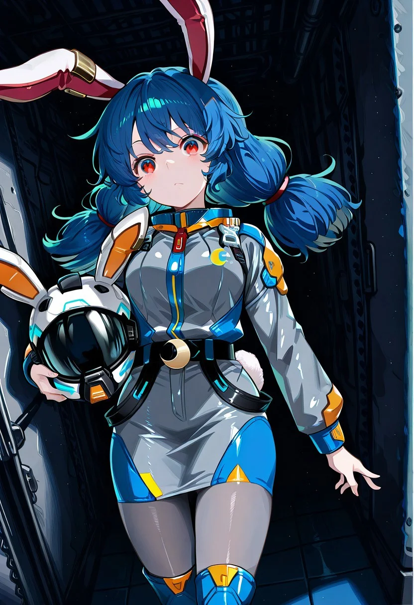 solo, 1girl, seiran, red eyes, blue hair, long hair, low twintails, rabbit ears, rabbit tail, seiran \(thought investigator of the capital\), alternate costume, earclip, crescent, spacesuit, grey suit, long sleeves, belt, grey skirt, pencil skirt, grey pantyhose, blue boots, holding helmet,
masterpiece,