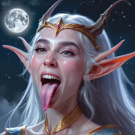 uvula, mouth wide open,Frontview, Long Tongue out, A ((painting)) of a stunning happy high elf princess woman sticking her pink tongue out,moonlight, ethereal, <lora:concept_tongue_out_xl_1_standard_merger_57_80_04_06:0.6>