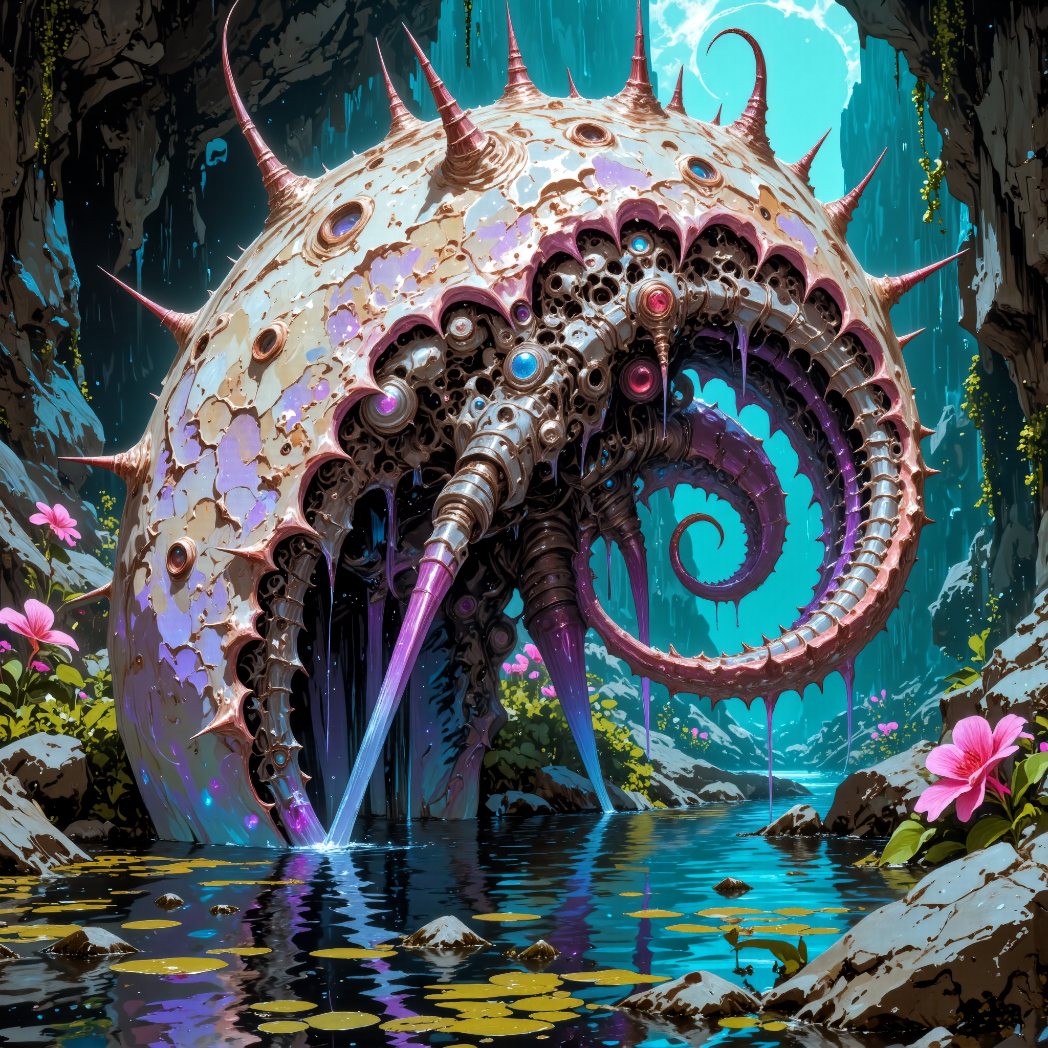 creature focus, full view, hyper-realistic, photo-realistic, very aesthetic, ethereal and otherworldly scenery on a distant planet, extremely detailed, ultra high resolution, famous artwork inspired by mark riddick and mark tedin and archan nair, retrofuturism style, the "fierce bladegobber", a fascinating and intricate mollusk with psychic powers emenating from its lindering quizzleflarp, it likes to lay in ambush within the tranquil ponds of the lush juxtaflurged oases that dot the colorful vassled deserts of the accursed paradisical planet "aromaduplex viii", stay away vogons, this planet is just horribly nice,a creature with symmetrical anatomy, dappled lighting, golden ratio, the color palette is predominantly light beige and byzantium purple and navy blue and mint green and jet black and fuchsia, ovg, amanoer, mi2655, an1mel1nes, <lora:style-yoshitaka_amano-elden_ring-flux-by_alicient:0.44> <lora:style-retro_anime-flux-by_lizardman245:0.12> <lora:style-ethereal_dark-midjourney-flux-by_gedogfx:0.28> <lora:style-mythic_fantasy-anime_lines-flux-by_velvets:0.6>