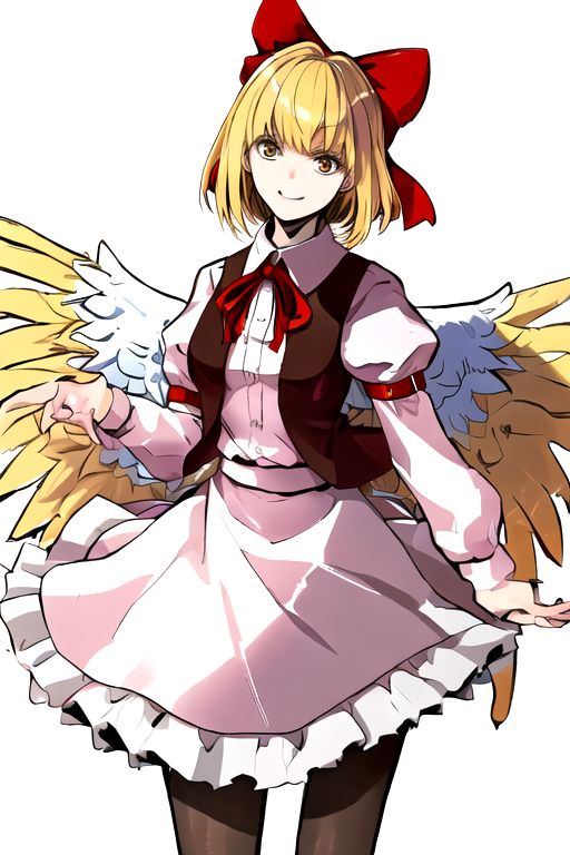solo_focus, 1girl, ((white background, simple background)):2, (((masterpiece))), ((best quality)), ((ultra-detailed)), high resolution, absurdres, highres, ultra-detailed 8k unity wallpaper, 
solo, 1girl, gengetsu, 
arcueid_\(tsukihime\), 
solo, 1girl, smile, short_hair, shirt, breasts, blonde_hair, bow, long_sleeves, skirt, ribbon, dress, yellow_eyes, hair_bow, thighs, collared_shirt, red_bow, wings, vest, bowtie, black_pantyhose, red_vest, pink_shirt, red_bowtie, feathered_wings, pink_dress, open_vest, white_shirt_white_skirt, white_shoes, blonde_short_hair, red_head_bow_ribbon, one_piece_head_bow_ribbon, bow_ribbon, white_angel_wings, white_drees, brown_vest, wear_outside, twin_wings,