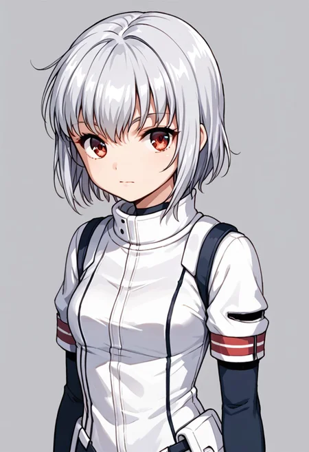 score_9, score_8_up, score_7_up, score_6_up, score_5_up, score_4_up, source_anime, Dee Triel, silver hair, short hair, red eyes, closed mouth, white pilotsuit