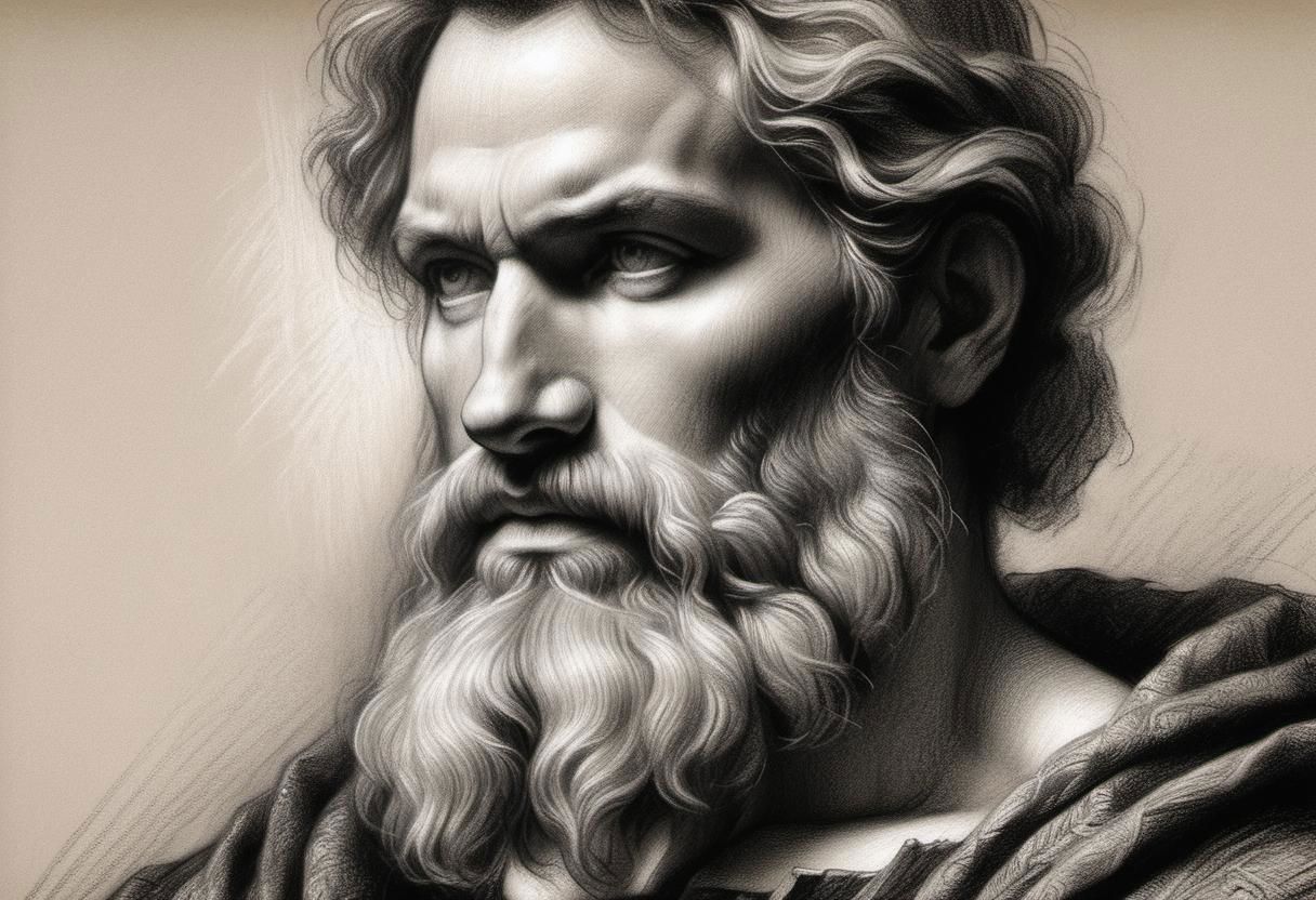 (masterpiece), 
Black and white Renaissance drawing of a mid-age bearded man,
Black and white tones,
HDR, highly detailed, 32k, 
looking at viewer, Style-Renaissance