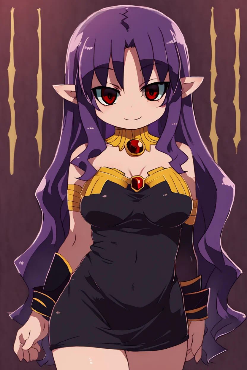 <lora:Zankuro_Style_Pony:0.8>, ((masterpiece,best quality)), absurdres, medium breasts, smile, absurdres, ishtar-san, medium breasts, long_hair, looking_at_viewer, pointy_ears, purple_hair, red_eyes, solo, cowboy shot, standing, black dress, curvy,