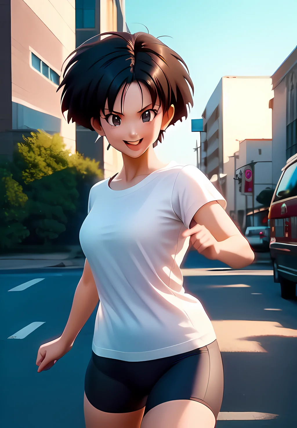 <lora:Videl:0.8>, Videl, 1girl, solo, smile, white shirt, bike shorts, short hair, messy hair, (acclaimed, alluring, captivating, exciting, gorgeous, striking:1.3), (trending on CGSociety, trending on pixiv, contest winner:1.3)