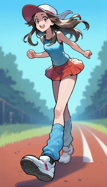 score_9,score_8_up,score_7_up,
highres,highly detailed,
<lora:alolaleaf:0.9>,
alolaleaf,
pale skin,
1girl,solo,
brown hair,long hair,
brown eyes,looking at viewer,open smile,looking ahead,
gray-white hat,blue tank top,red mini skirt,
blue loose socks,white shoes,
full body,running,arms down,from below,
blurry background,outdoors,