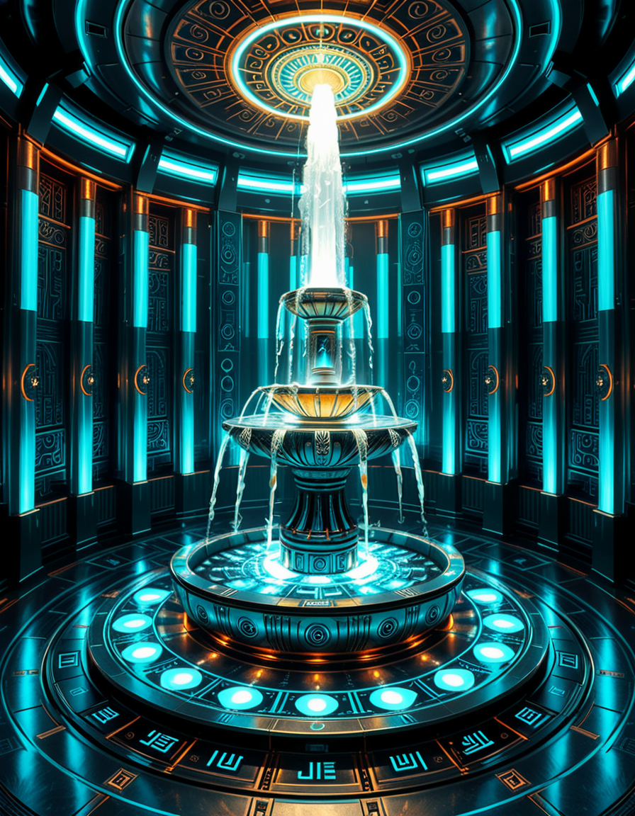 The center of a high-tech, alien temple-laboratory, where dark metallic walls shimmer under the glow of cyan vertical light tubes and faint sacred runes. In the middle of the chamber lies an elaborate biomechanical fountain, rising like an altar from a circular platform of engraved metal. The fountain pulses with iridescent liquid light, flowing in gravity-defying streams that spiral upward before cascading back into a glowing basin etched with ritual patterns. Bioluminescent veins run through the structure, illuminating the surrounding floor like circuitry. Overhead, a radiant, halo-like design casts a celestial glow, enhancing the surreal, sanctified atmosphere. The space exudes a fusion of sacred ceremony and alien technology, as if the fountain were a source of divine power worshipped by another world.
<lora:high-tech_alien_temple_f0unt41n:1>,high-tech alien temple f0unt41n,<lora:SDXLFaeTastic2400:0.4> <lora:extremely_detailed:0.4> extremely detailed, Masterpiece,best quality,hi res,8k,hi res,8k,award winning,(sharp focus, intricate, highly detailed),