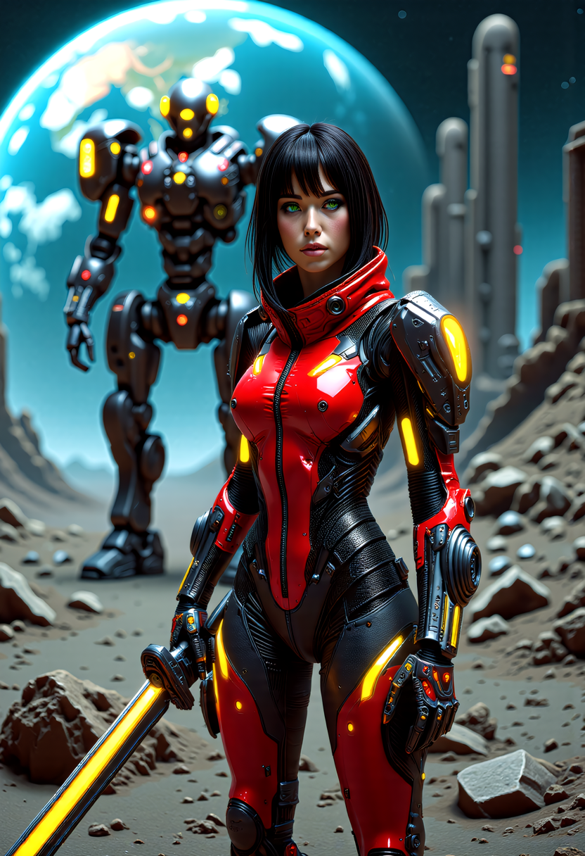 a futuristic lunar colony overlooking Earth, a fierce warrior stands ready for battle. Her medium build, dark hair, and green eyes exude a sense of determination. Dressed in a Synth-Leather red and black power armor Tactical Suit with yellow highlights, a futuristic bodysuit designed for urban operations, its glossy red  surface reflects the neon lights of the colony, contrasting to the flat black parts of the armor. The connects to her cybernetic enhancements. Segmented carbon-fiber panels reinforce her shoulders, chest, and forearms, providing protection without compromising style. She wields a plasma longsword.  Behind her a heavy mech with MechArmor, stands tall, its bulkiness a testament to the strength and versatility of the colony. The colony's domes, shimmering above the Earth's glow, provide a breathtaking backdrop, while the grey lunar landscape and mining rigs add a sense of isolation. This scene, with its off-center composition and extreme close-up on Rina's facial details, captures the essence of a futuristic warrior, showing the fusion of technology and the mysteries of the lunar colony.  <lora:RM_MechArmor_v0.9M> <lora:art and styles/MysticFantasy.safetensors:1.0>,  <lora:flux/flux_realism_lora.safetensors:1.0>,