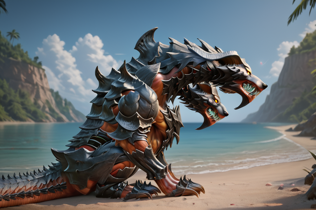 source_furry, score_9, score_8_up, score_7_up, (cerberus_xv, monster, feral), orange skin, detailed skin, armored, (((((three heads))))), yellow eyes, glowing eyes, detailed eyes, sharp teeth, claws, tail, <lora:FF_CerberusPony10:0.8>, outdoors, beach, from side, sitting, closed mouth, seductive, sunshine, midday, zPDXL2, zPDXLpg, zPDXLrl, shaded, best quality, highly detailed, extreme detail, photorealistic