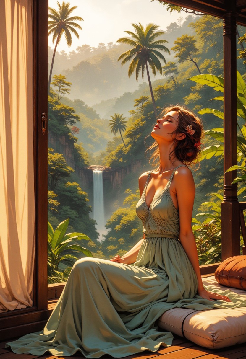 Bali Rainforest Retreat – Pastel Sage Green Dress
"A serene young woman sits on a wooden deck of a luxurious rainforest retreat in Bali, overlooking lush green jungle canopies. She wears a flowing pastel sage green dress with soft lace accents, blending harmoniously with the natural surroundings. A sheer ivory curtain dances in the tropical breeze, diffusing the golden sunlight filtering through tall palm trees. The sound of distant waterfalls fills the air as she closes her eyes, embracing the peaceful energy of the rainforest."