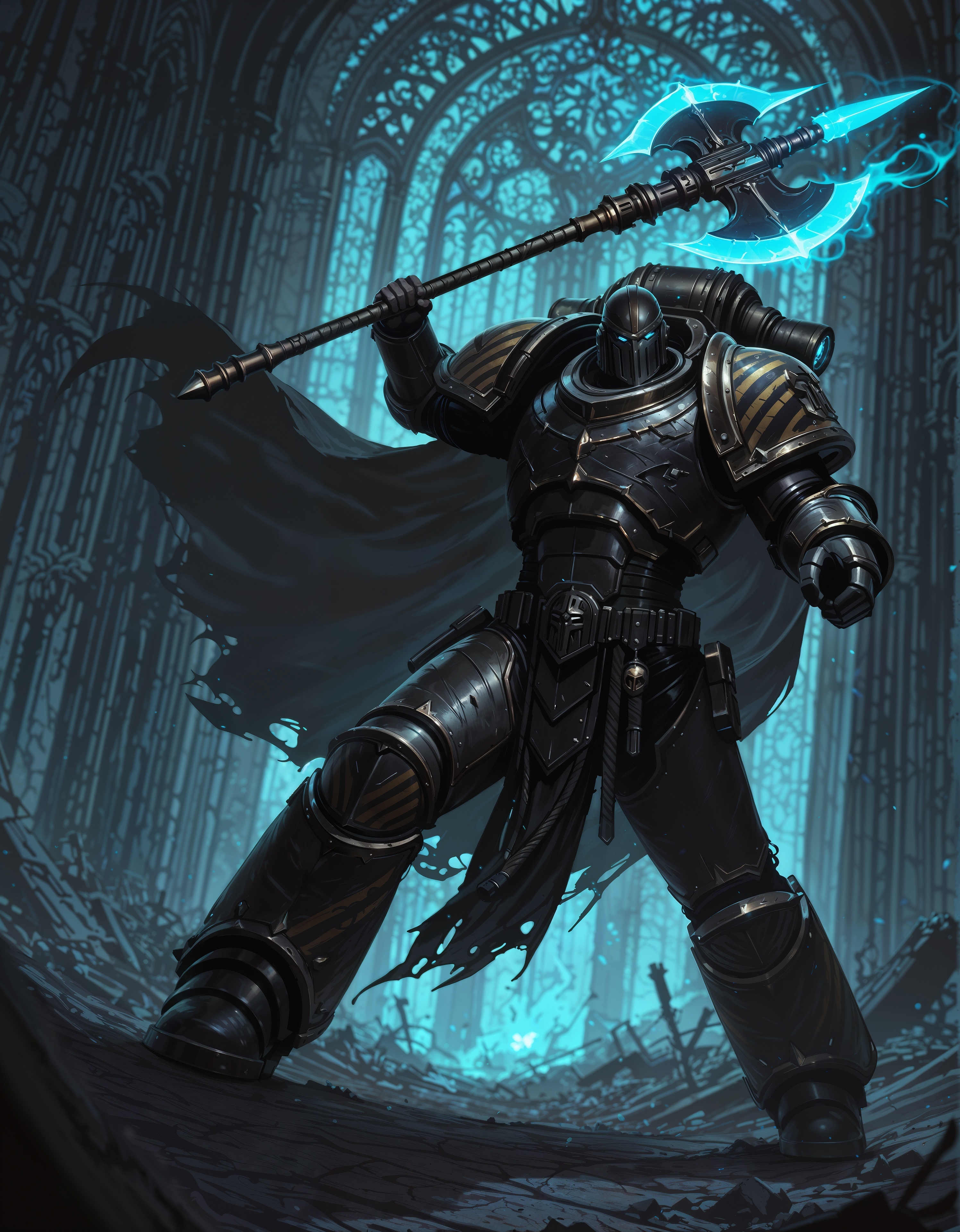 masterpiece, best quality,high quality, newest, highres,8K,HDR,absurdres, dynamic angle, realistic, 1boy, IronW40k, power armor, solo, helmet, glowing  eyes, holding a battle axe, shadowy aura, ancient ruins, cursed weapon, tattered cape, battle stance, ethereal mist, detailed background, depth of field, dynamic pose, foreshortening, cinematic lighting, dramatic shadows, enchanted symbols, intricate magic patterns, deep color contrast, gothic architecture, dark theme, high fantasy setting., detailed background, dynamic pose, dynamic composition,dutch angle, detailed backgroud,foreshortening,blurry edges <lora:ILLIronW40k:1>