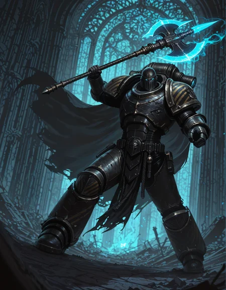 masterpiece, best quality,high quality, newest, highres,8K,HDR,absurdres, dynamic angle, realistic, 1boy, IronW40k, power armor, solo, helmet, glowing eyes, holding a battle axe, shadowy aura, ancient ruins, cursed weapon, tattered cape, battle stance, ethereal mist, detailed background, depth of field, dynamic pose, foreshortening, cinematic lighting, dramatic shadows, enchanted symbols, intricate magic patterns, deep color contrast, gothic architecture, dark theme, high fantasy setting., detailed background, dynamic pose, dynamic composition,dutch angle, detailed backgroud,foreshortening,blurry edges <lora:ILLIronW40k:1>