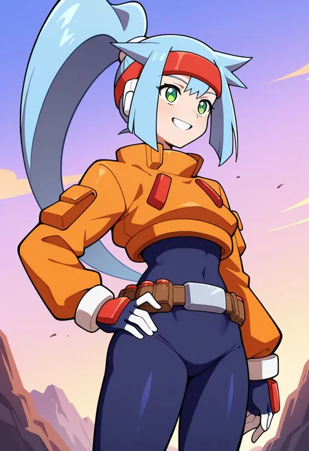 1girl, solo, ashemmzxa, blue hair, long hair, high ponytail, headband, green eyes, robot ears, bodysuit, crop top, long sleeves, white bracelet, belt, cowboy shot, outdoors, metal platform, sky, smile, teeth.hand on hip,