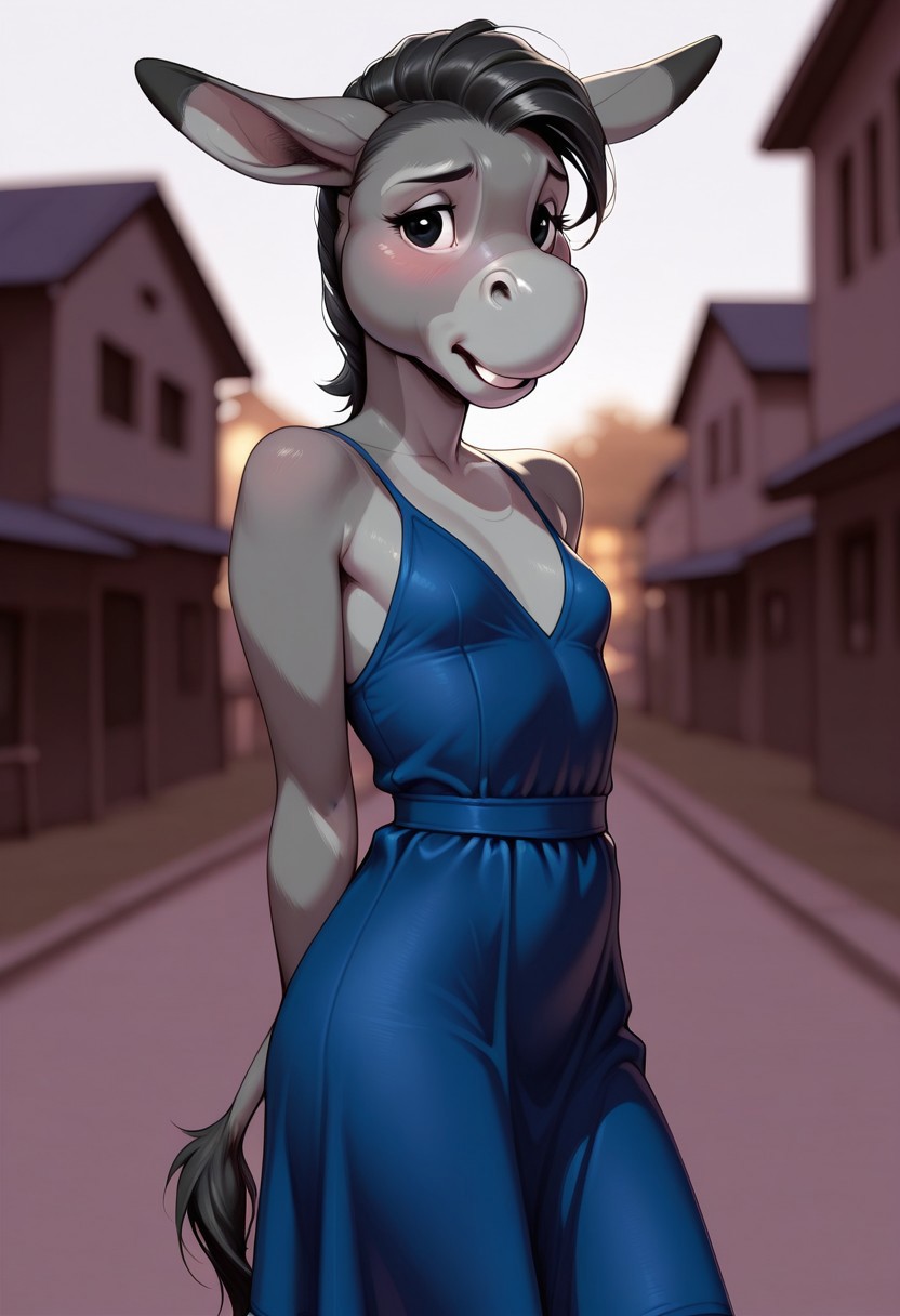 safe, furry, donkey, donkey ears, donkey tail, female, 1girl, cartoon, two tones fur, gray fur, black eyes, anthro, short, small breast, cute, buckteeth, petite body, sexy, outdoors, blue dress, simple dress, character focus,
masterpiece, best quality, amazing quality, very aesthetic, newest, depth of field, blurred background, dramatic lighting ,masterpiece, best quality, very aesthetic,8k,masterpiece, best quality,realistic, masterpiece, best quality, 8k, simple_background, half close-up, sexy pose, blushing, small head, pretty girl, slim body,