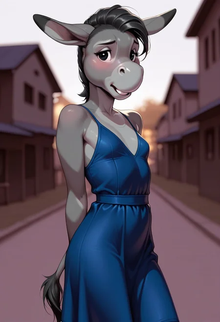 safe, furry, donkey, donkey ears, donkey tail, female, 1girl, cartoon, two tones fur, gray fur, black eyes, anthro, short, small breast, cute, buckteeth, petite body, sexy, outdoors, blue dress, simple dress, character focus,
masterpiece, best quality, amazing quality, very aesthetic, newest, depth of field, blurred background, dramatic lighting ,masterpiece, best quality, very aesthetic,8k,masterpiece, best quality,realistic, masterpiece, best quality, 8k, simple_background, half close-up, sexy pose, blushing, small head, pretty girl, slim body,