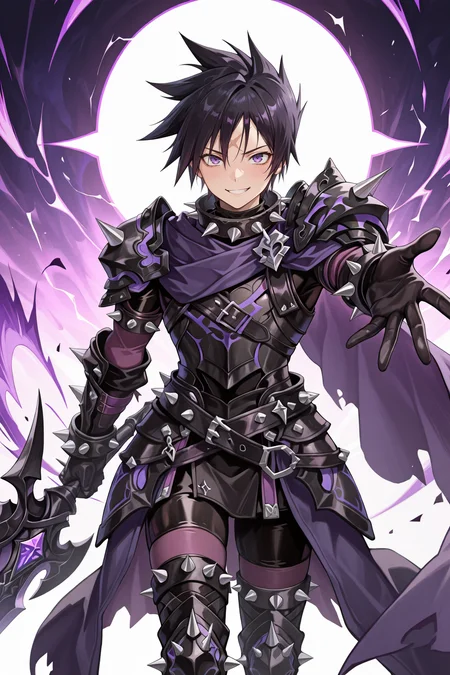 masterpiece, very aesthetic, absurdres, best quality, amazing quality, high resolution, <lora:illustrious_quality_modifiers_masterpieces_v1:0.8> , <lora:ChamIllustriousBackgroundEnhancer:0.5>, <lora:LeonIL:0.8> , LeDef, 1boy, purple eyes, scar on forehead, spiked hair, black hair, spiked collar, spikes, spiked armor, shoulder spikes, armor, black armor, faulds, purple faulds, gauntlets, black gauntlets, cape, purple cape, black bodysuit, bodysuit under clothes, spiked belt, greaves, black greaves, spiked shoes, spiked thighhighs, purple thighhighs, cowboy shot, smile, reaching towards viewer, looking at viewer, holding lance,