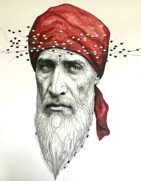Chris Luha art.
This is a highly detailed, realistic drawing of an elderly man with a long, flowing beard and mustache, rendered in pencil and ink. The subject's face is deeply lined and weathered, suggesting a life of hardship and age. His eyes are a piercing blue, with a hint of sadness and wisdom. He wears a vibrant red headscarf wrapped around his head, adorned with a delicate, almost ethereal arrangement of leaves, giving it an otherworldly touch. <lora:Chris_Luka:1>