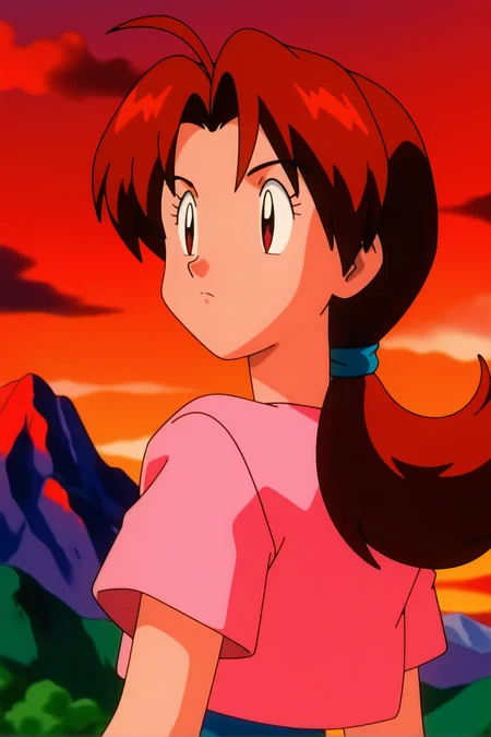 retro artstyle, 1990s \(style\), pokemon \(classic anime\), deliaca, 1girl, solo, long hair, shirt, brown hair, closed mouth, brown eyes, upper body, ponytail, short sleeves, outdoors, red hair, sky, looking back, cloud, from behind, parted bangs, eyelashes, frown, pink shirt, sunset, serious, mountain, hair tie, retro artstyle, 1990s (style), twilight, gradient sky, orange sky, red sky, anime coloring, delia ketchum
<lora:Delia_Ketchump_Classic_Anime:1>