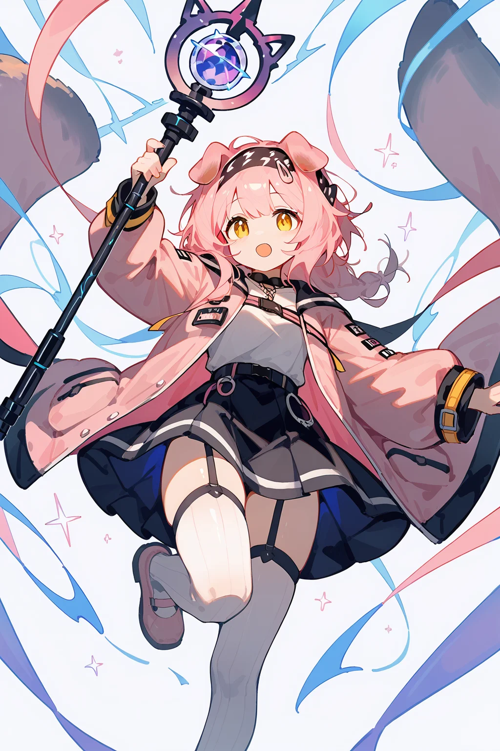 (score_9,score_8_up,score_7_up),<lora:Goldenglow(Arknights)-v1-000008:0.8>,goldenglow (arknights),1girl,solo,animal ears,thighhighs,cat ears,pink hair,long hair,skirt,open mouth,holding,garter straps,yellow eyes,black hairband,electricity,white thighhighs,black skirt,shirt,white shirt,open clothes,hairband,looking at viewer,long sleeves,staff,jacket,holding staff,cat girl,shoes,arm up,cat tail,pink coat,zettai ryouiki,pink footwear,bangs,hair down,floppy ears,
good feet,anime,NSFW,expressive,amazing quality,ultra hd 32k,