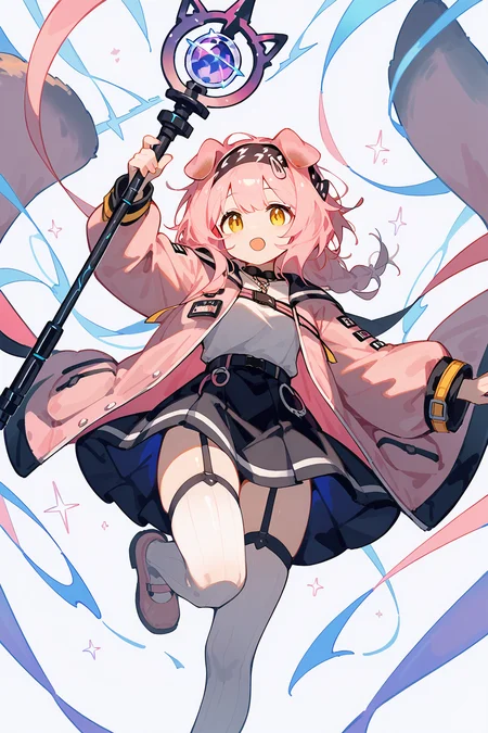 (score_9,score_8_up,score_7_up),<lora:Goldenglow(Arknights)-v1-000008:0.8>,goldenglow (arknights),1girl,solo,animal ears,thighhighs,cat ears,pink hair,long hair,skirt,open mouth,holding,garter straps,yellow eyes,black hairband,electricity,white thighhighs,black skirt,shirt,white shirt,open clothes,hairband,looking at viewer,long sleeves,staff,jacket,holding staff,cat girl,shoes,arm up,cat tail,pink coat,zettai ryouiki,pink footwear,bangs,hair down,floppy ears,
good feet,anime,NSFW,expressive,amazing quality,ultra hd 32k,