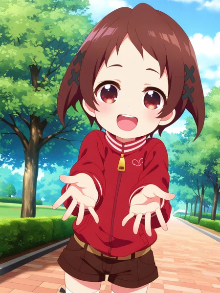 general,best quality, highres, hyper extreme detailed, super fine illustration, ultra-detailed, finely detail, highres, 8k wallpaper,perfect hands, perfect anatomy, detailed face,outdoors,park,summer, BREAK
1girl,solo,smile,red track jacket, brown shorts, white thighhighs,upper body,open mouth,happy,looking at viewer,shortstack,flat chest,child,(skinny:1.2), <lora:illustriousXL Mizukoshi Mio V2:1> mizukbse, x hair ornament,  <lora:r0tary_eng1ne:1> r0tary_eng1ne