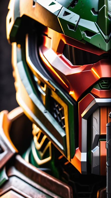 extreme close up on the helmet of the doom slayer, broken doom slayer helmet, photorealistic, doom slayer, doom eternal, raging face of the doom slayer
