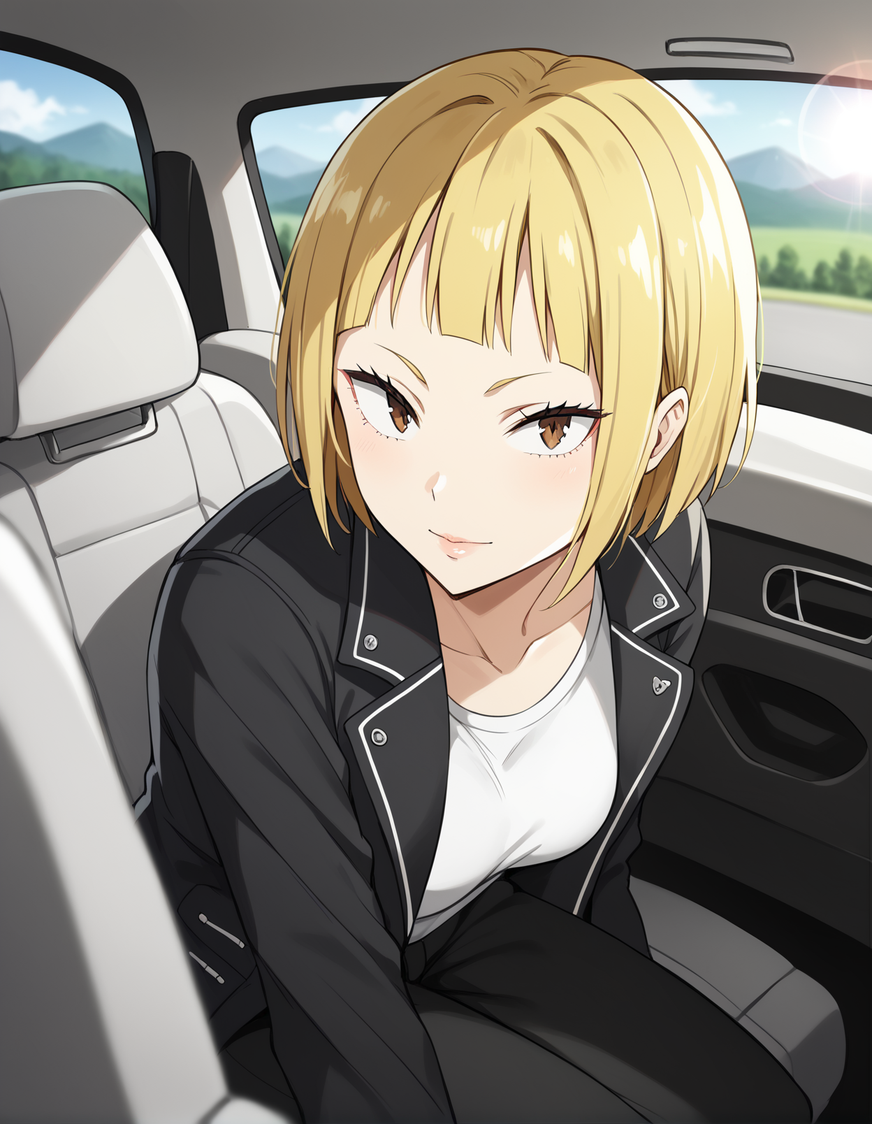score_9, score_8_up, score_7_up, score_6_up, score_5_up, score_4_up, source_anime, rating_explicit, BREAK <lora:saekoTanakaXL_LoRA-C3Lier_AdamW_Dim16_Alpha16_UN-3e-4_TE-1.5e-4_10batch_ponyDiffusionV6XL_v6StartWithThisOne:1>, tanaka saeko \(haikyuu!!\), 1girl, blonde hair, short hair, blunt bangs, brown eyes, medium breasts, black jacket, long sleeves, pants, sitting, car interior, car seat, eye focus, looking at viewer, facing viewer, leaning forward, depth of field, road, mountainous horizon, sunlight, lens flare