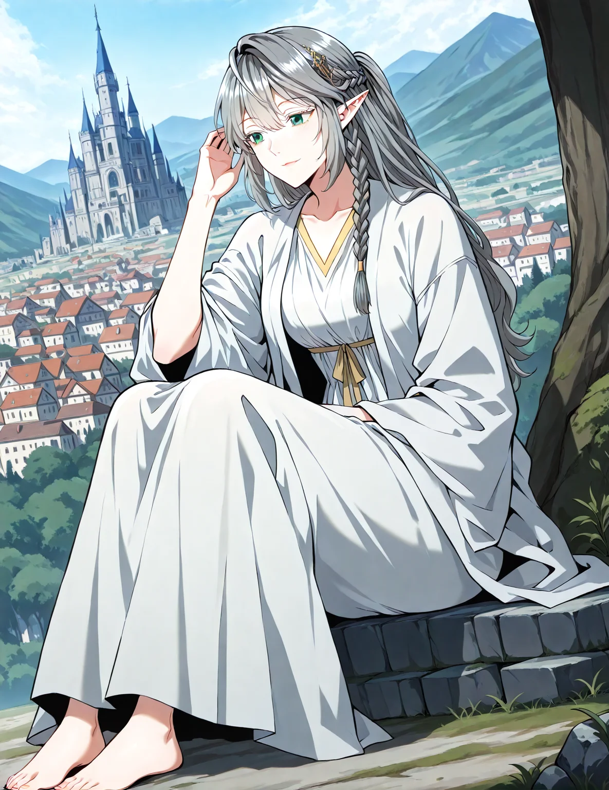 <lora:Tessia_Eralith__The_Beginning_After_the_End__Illustrious_v1-000008:1>
1 girl, solo, elf, pointy ears, green eyes, grey hair, braid, side braid, french braid, hair bettween eyes, bangs, long hair, ahoge
white robe, collarbone, hair ornament, barefoot
score_9, score_8_up, score_7_up, very aesthetic, source_anime, detailed, high quality, beautiful, masterpiece, detailed eyes, castle, village, blurry background, cityscape, pose dynamic angle, light smile, open mouth, hand on hair, sitting, <lora:iLLMythG0thicL1nes:1>