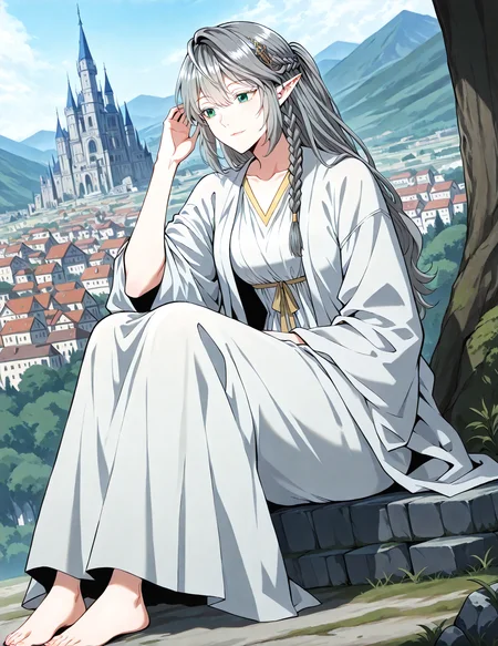 <lora:Tessia_Eralith__The_Beginning_After_the_End__Illustrious_v1-000008:1>
1 girl, solo, elf, pointy ears, green eyes, grey hair, braid, side braid, french braid, hair bettween eyes, bangs, long hair, ahoge
white robe, collarbone, hair ornament, barefoot
score_9, score_8_up, score_7_up, very aesthetic, source_anime, detailed, high quality, beautiful, masterpiece, detailed eyes, castle, village, blurry background, cityscape, pose dynamic angle, light smile, open mouth, hand on hair, sitting, <lora:iLLMythG0thicL1nes:1>