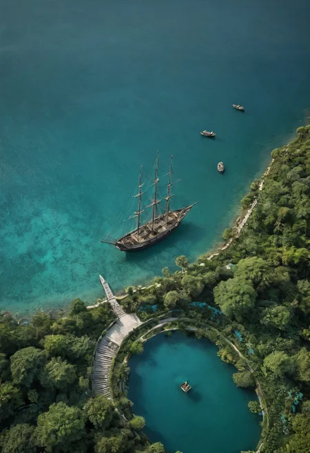 aerial landscape view, In the background, a towering old sailing ship with turquoise sails adds a sense of adventure and timelessness to the scene., female Atlas, Explore the somber tones and bleak atmosphere in your depiction, dark art by an ancient artist, subtle lighting, black atmosphere, capturing the magnificence of the Hanging Gardens of Babylon The image showcases the immense, lush terraces with cascading steps around a vibrant crystal turqoise and deep blue tiled swimming lake inviting to take a bath, lavishly adorned with marble and crafted from the finest stones. The pastel-hued tiled steps are teeming with exotic plants, creating a vibrant and verdant paradise. Birds flit gracefully among the foliage, adding to the enchanting ambiance of this ancient marvel