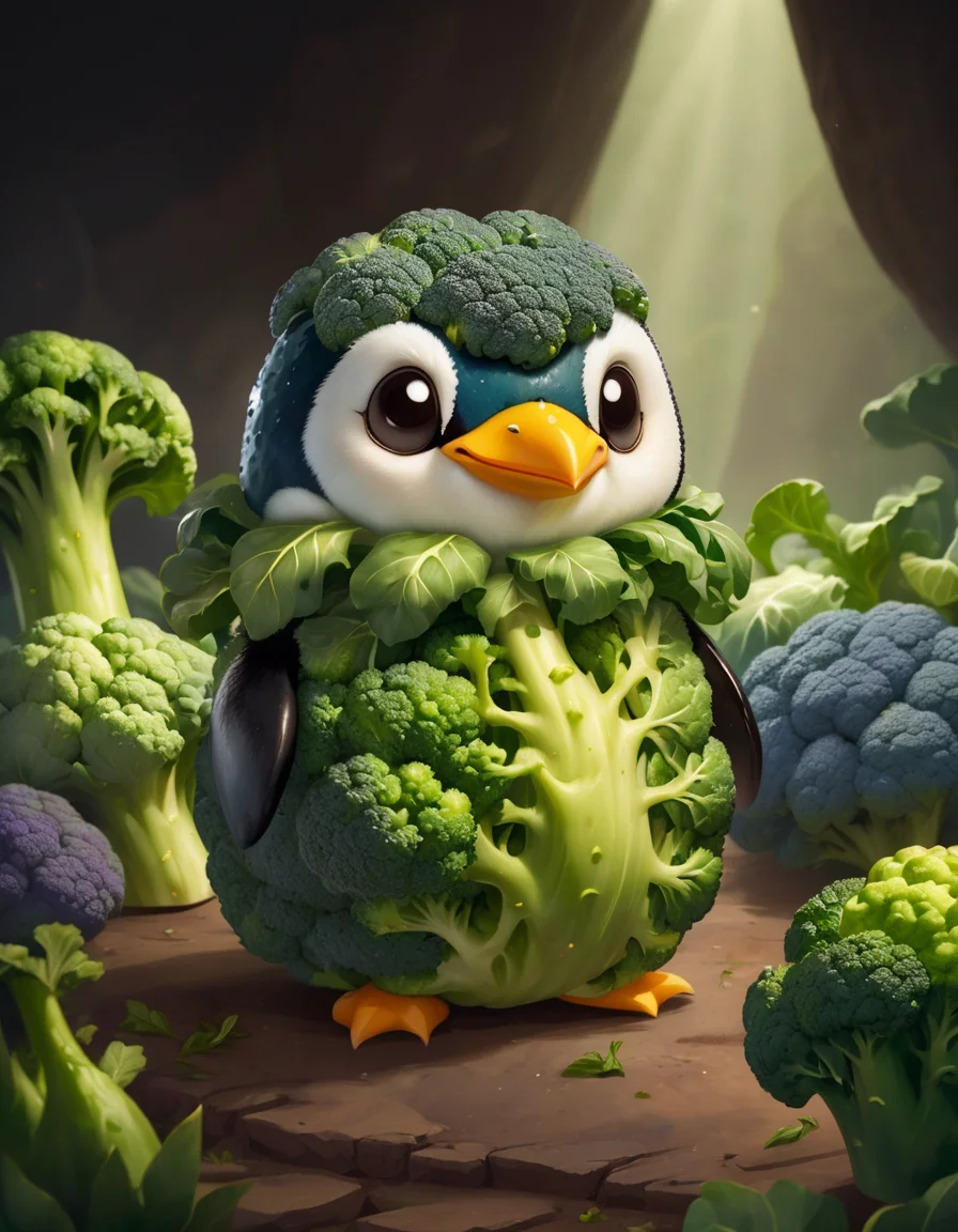 <lora:FoodPets:0.8> Foodpets very cute appealing anthropomorphic broccoli penguin, looking at the viewer, macro, cinematic lighting, fantasy art, dynamic composition, epic realistic, award winning illustration
