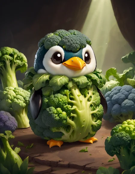<lora:FoodPets:0.8> Foodpets very cute appealing anthropomorphic broccoli penguin, looking at the viewer, macro, cinematic lighting, fantasy art, dynamic composition, epic realistic, award winning illustration