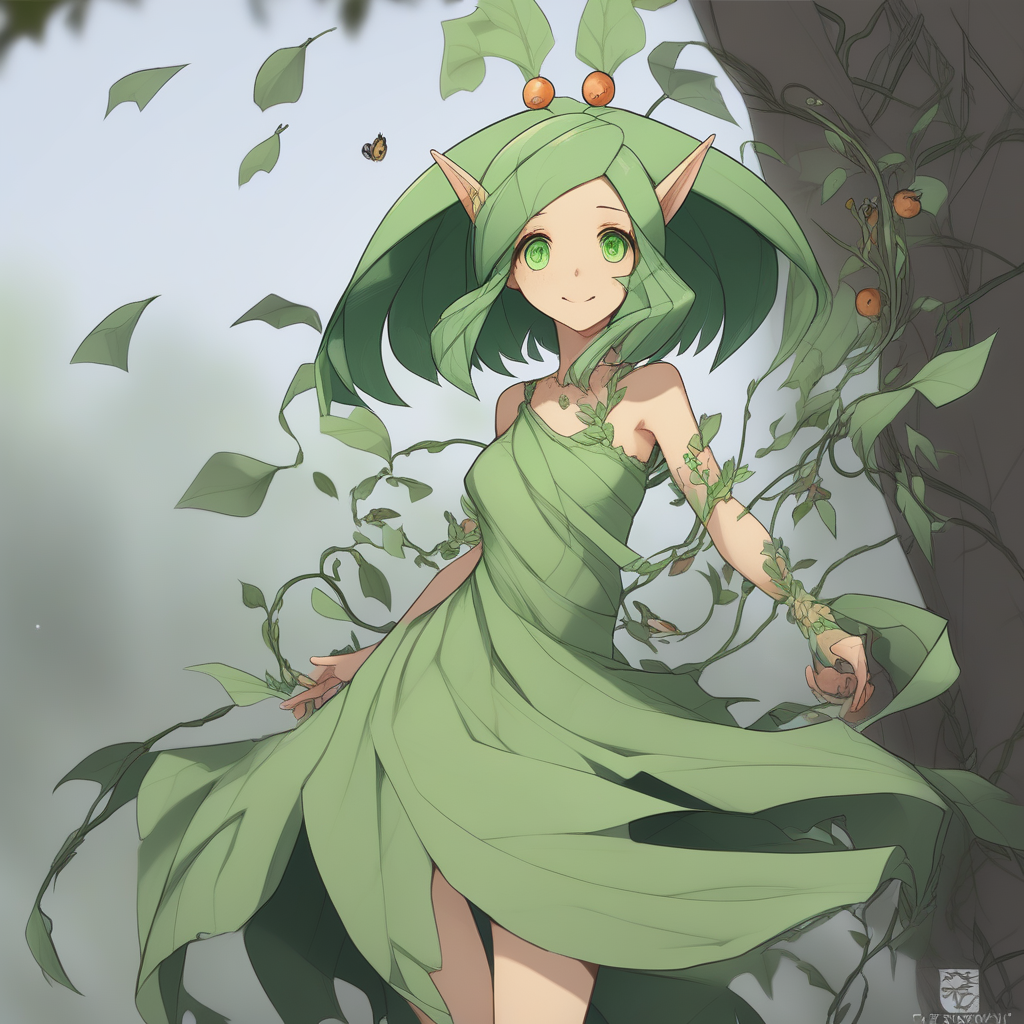 absurdres, 4k res, high quality, score_7_and_above, 1girl, solo, masterpiece, challua_wf, green hair, tan skin, green eyes, pointy ears, leaf dress, hair ornament, portrait, seductive smile, highly detailed, side view, looking at viewer, good eyes, belly focus, vines