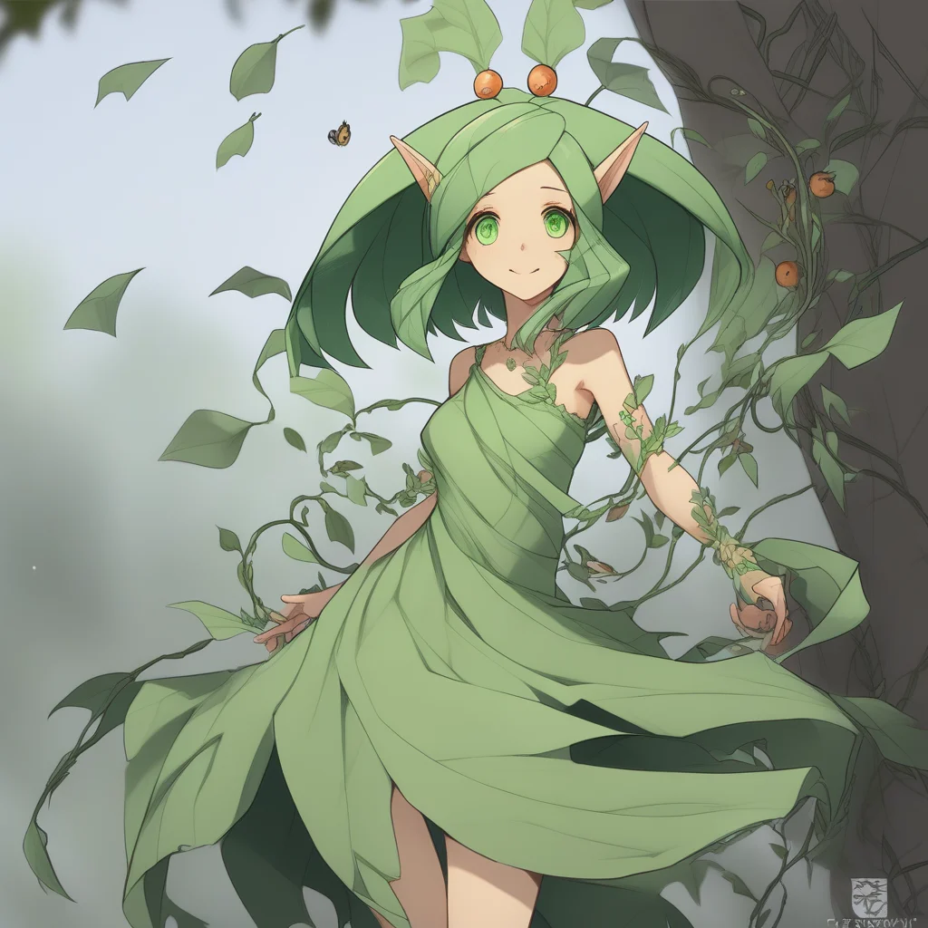 absurdres, 4k res, high quality, score_7_and_above, 1girl, solo, masterpiece, challua_wf, green hair, tan skin, green eyes, pointy ears, leaf dress, hair ornament, portrait, seductive smile, highly detailed, side view, looking at viewer, good eyes, belly focus, vines