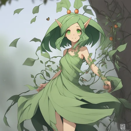 absurdres, 4k res, high quality, score_7_and_above, 1girl, solo, masterpiece, challua_wf, green hair, tan skin, green eyes, pointy ears, leaf dress, hair ornament, portrait, seductive smile, highly detailed, side view, looking at viewer, good eyes, belly focus, vines