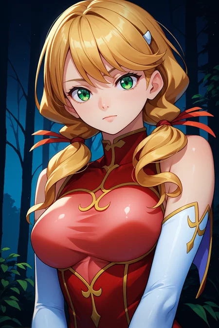 score_9, score_8_up, score_7_up, score_6_up, source_anime, 1girl, solo, <lora:oldrinzevon-pdxl-nvwls-v1-000005:1> oldrin, blonde hair, low twintails, green eyes, red ribbon, red leotard, red dress, sleeveless, white gloves, elbow gloves, white thighhighs, large breasts, looking at you, furrowed brow, upper body, night, forest