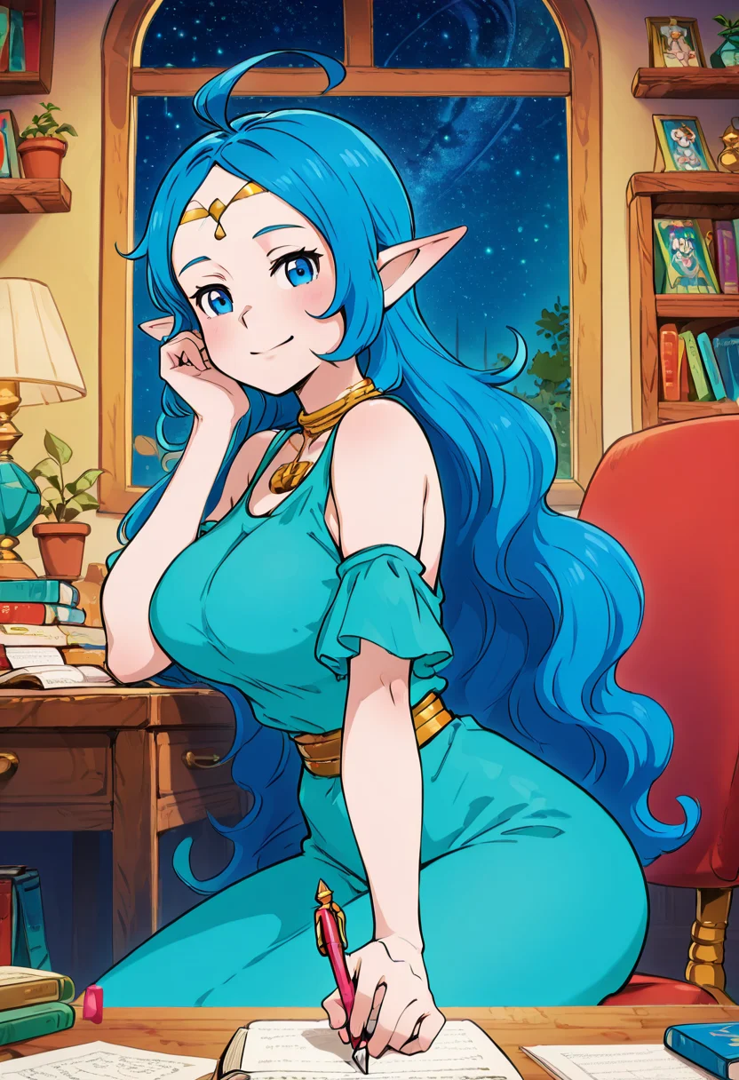 masterpiece, best quality, solo, curvy, beautiful eyes, narrow waist, wide hips, 1girl, solo, smile, looking at viewer, foreshortening, close up, anime screenshot, zzNayru, blue eyes, blue hair, bare shoulders, jewelry, very long hair, blue dress, elf, circlet, large breasts, ,<lora:NayruZelda_IXL_v2:1.0>,, zzLofi, sitting, side view, desk, chair, book, bookshelf, head rest, holding, holding pen, lamp, night, open book, pen, plant, potted plant, sky, star (sky), starry sky, window, windowsill, writing, <lora:LofiGirl_Style_IXL:0.8>,