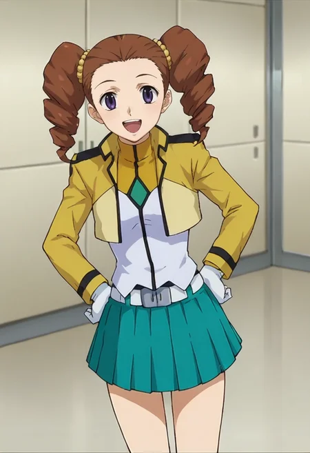 score_9,score_8_up,score_7_up,anime coloring BREAK source_anime,anime,<lora:Mileina_Vashti_Gundam_00_Pony:0.7>,mileina,1girl,solo,purple eyes,brown hair,drill hair,twin drills,hair ornament,cb uniform,cropped jacket,white gloves,belt,green skirt,pleated skirt,black boots,happy,laughing,standing,hands on hips,indoors,front view,