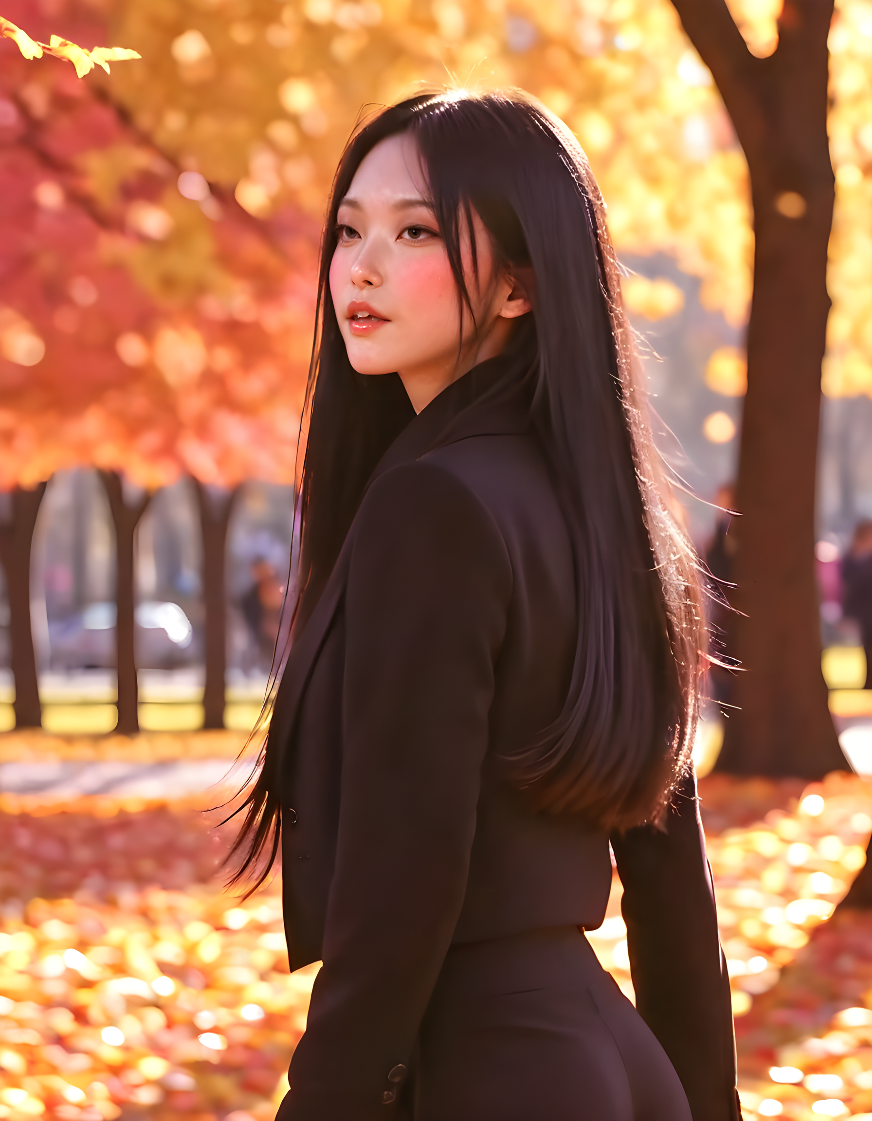 NJZH43R1N, In the heart of a bustling city park under the vibrant glow of a golden sunset, a sophisticated woman with long, cascading black hair is captured in a close-up portrait. She wears tailored black pants and her lips are sealed in a moment of deep contemplation, her eyes closed as she gazes intently at the viewer, her silhouette contrasting against the lively background of blossoming trees and colorful autumn leaves dancing in the wind.