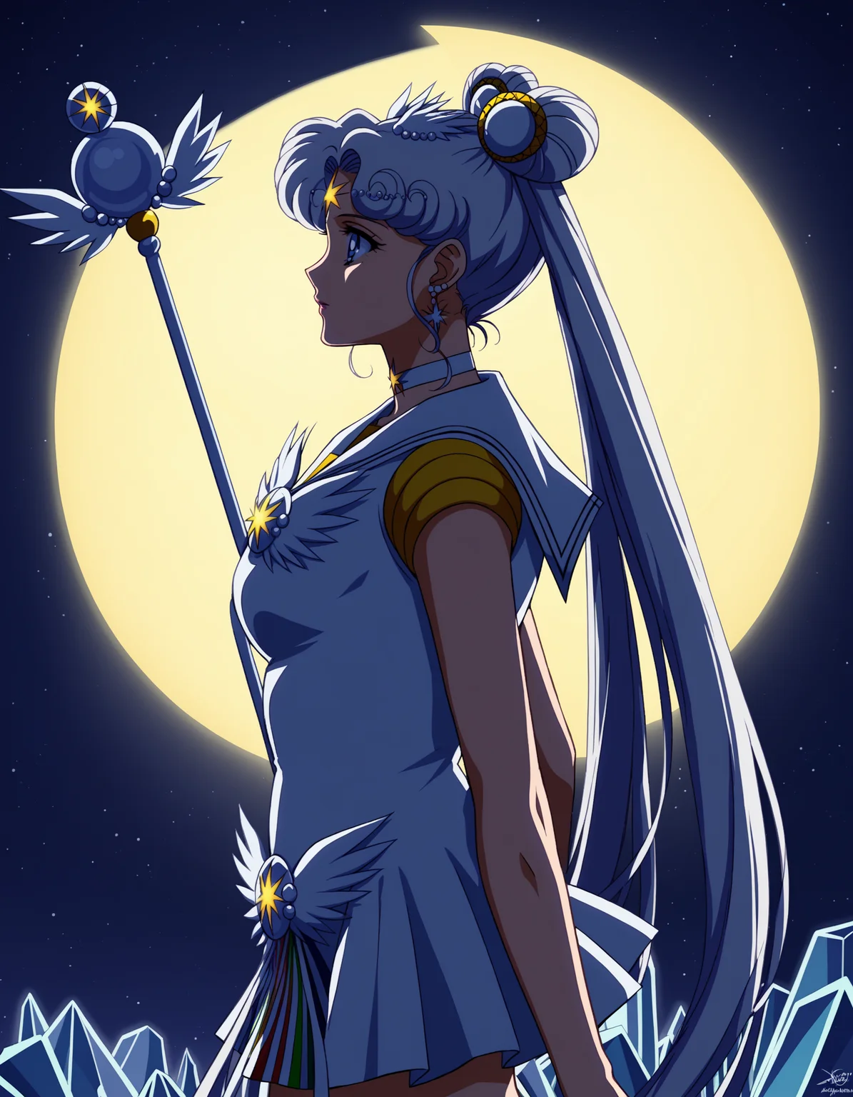 CMYKDSK_VAPOLIGHT, Sailor Cosmos, mature female, 1girl, solo, choker, sailor senshi uniform, jewelry, double bun, long hair, white choker, sailor collar, blue eyes, hair bun, twintails, magical girl, white sailor collar, moon, earrings, full moon, facial mark, hair ornament, staff, white hair, forehead mark, from side, crystal, crescent, outdoors, galaxy, score_9, score_8_up, score_7_up, score_6_up, <lora:SailorCosmosPnyXL:0.8>