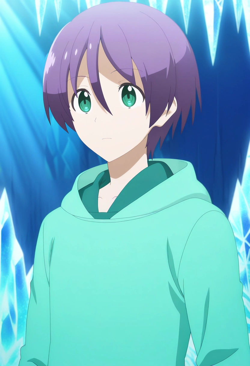 masterpiece, best quality, intricate details, anime screencap, anime coloring, official style,, 1boy, solo, male focus, <lora:nasa_yuzaki_ilxl:0.98>, nasa_yuzaki, purple hair, green eyes, short hair, hair between eyes, green hoodie, ice palace, frozen throne, crystal chandeliers, frost patterns, regal pose, dignified expression, filtered sunlight,