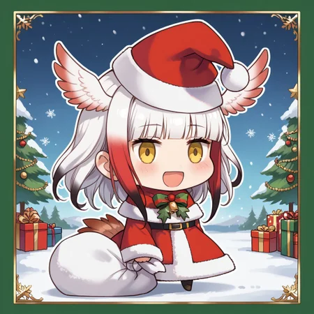 score_9, score_8_up, score_7_up, masterpiece, best quality, zzPadoru, blush, smile, open mouth, meme, holding sack, santa hat, dress, 1girl, solo, japanese crested ibis (kemono friends), head wings, multicolored hair, two-tone hair, white hair, red hair, long hair, blunt bangs, bangs, sidelocks, yellow eyes, bird tail, tail, long sleeves, wide sleeves, chibi, snow, Christmas tree, Christmas lights, Christmas border, red and green border, Christmas wreath border, presents, Christmas_card_outline