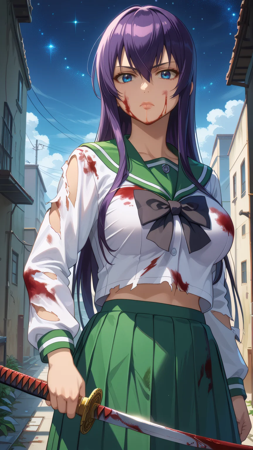 score_9, score_8_up, score_7_up, 1girl, looking at viewer, cowboy shot, close-up, upper body,
<lora:Saeko_Busujima_Dwnsty_r1:0.8>, saeko_busujima, purple hair, blue eyes, long hair, hair between eyes, school uniform, serafuku, green skirt, long skirt, pleated skirt, black bowtie,
lips, expressionless, large breasts, skindentation, mature female, katana, holding weapon, torn clothes, fighting stance, blood on face, blood on clothes,
outdoors, alley, starry sky, dystopia, dynamic pose,