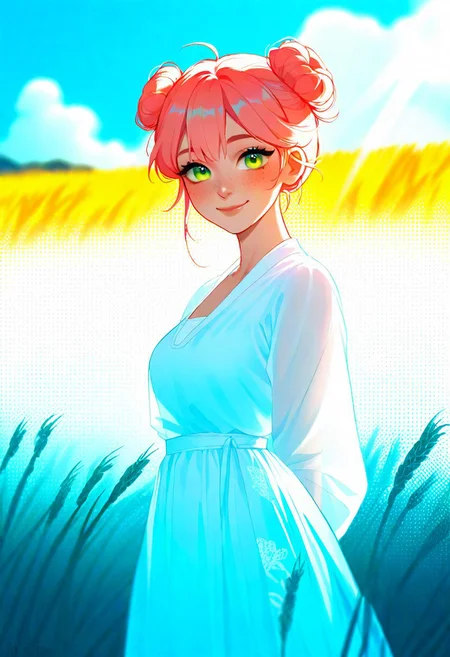 masterpiece, best quality, Good quality, very aesthetic, absurdres, newest,1girl, hanfu, autumn, pink hair, white skirt, green eyes, long fake lashes, freckles, eye shadow, chinese clothes,see-through, cloud, cloudy sky, cowboy shot, day, double bun, hair bun, hanfu, jiaoling ruqun, light rays, looking at viewer, outdoors, shirt, sky, smile, solo, wheat, wheat field, white shirt, Bright And Sunny Lighting