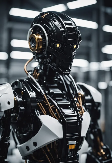 portrait of highly detailed (black mechanical robot:1.2) soldier, hydraulics, wires, metal texture, in a white robot factory, cinematic photo, 35mm f/11 photograph, film, bokeh, professional, 4k, highly detailed