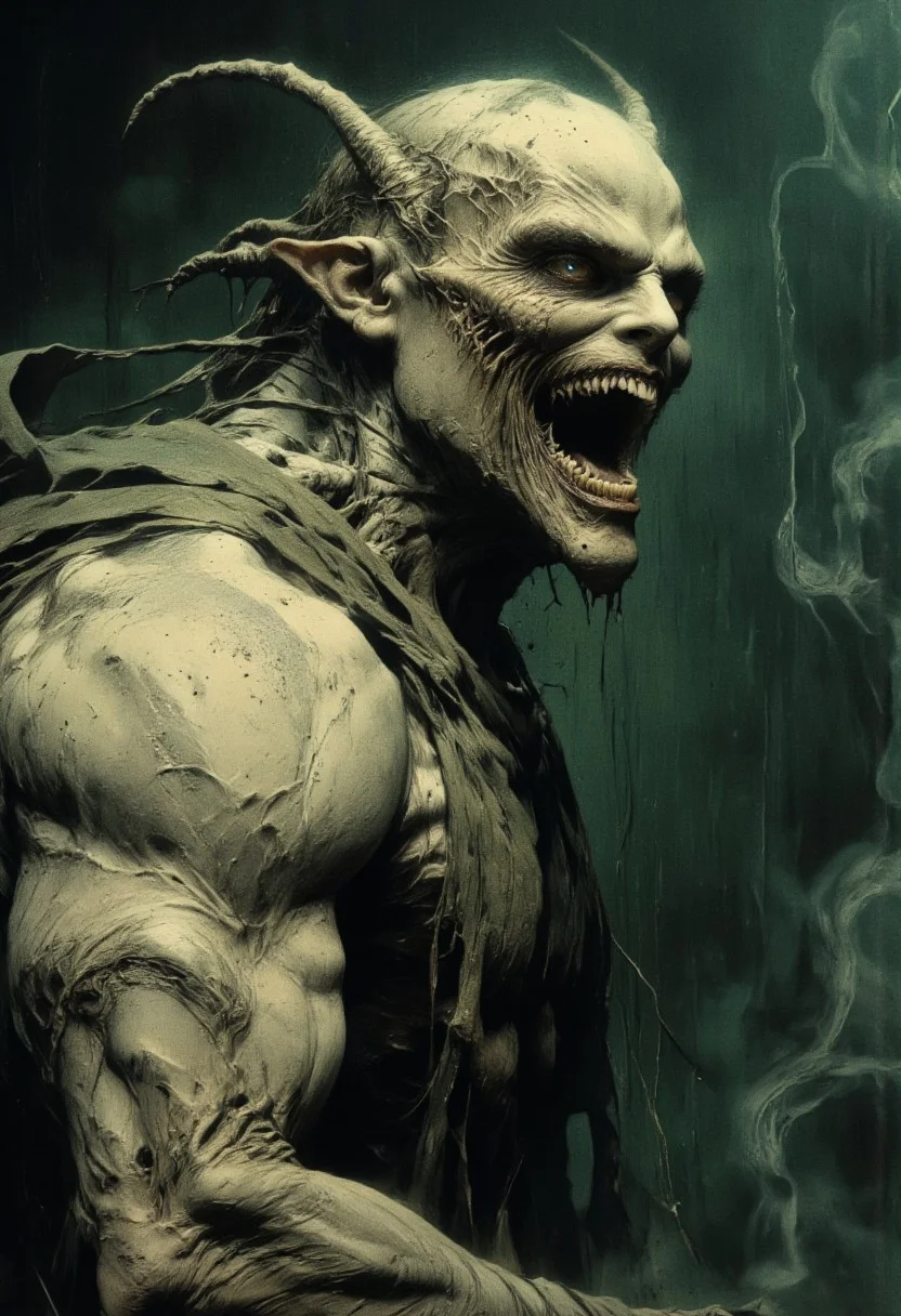 photographic illustration, dark fantasy, high quality, creature with long, pointed ears, sharp teeth, open mouth screaming, grotesque, pale skin, muscular build, hooded cloak, eerie atmosphere, smoky background, dramatic lighting, close-up, side profile, horror theme, detailed textures, wet skin, grim expression, supernatural, haunting, low-key lighting, cinematic feel, moody, intense, unsettling, horror movie still, creature looks like a demon or monster, dark green background, mysterious, unsettling, high contrast, very high aesthetic quality