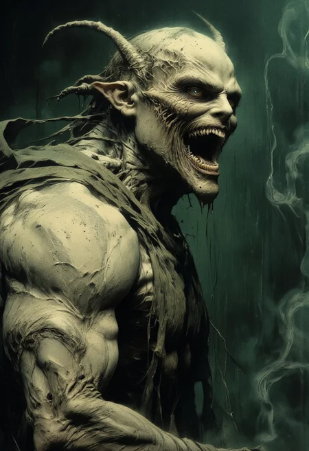 photographic illustration, dark fantasy, high quality, creature with long, pointed ears, sharp teeth, open mouth screaming, grotesque, pale skin, muscular build, hooded cloak, eerie atmosphere, smoky background, dramatic lighting, close-up, side profile, horror theme, detailed textures, wet skin, grim expression, supernatural, haunting, low-key lighting, cinematic feel, moody, intense, unsettling, horror movie still, creature looks like a demon or monster, dark green background, mysterious, unsettling, high contrast, very high aesthetic quality